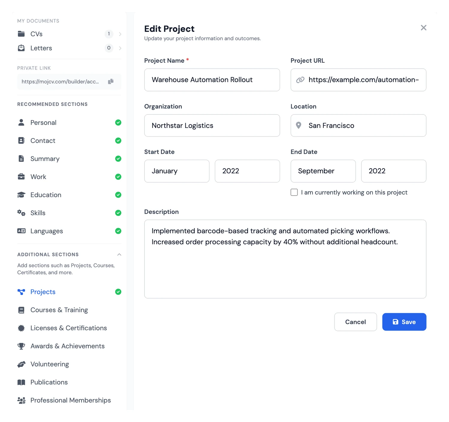 Projects section in a free CV builder for developers and students