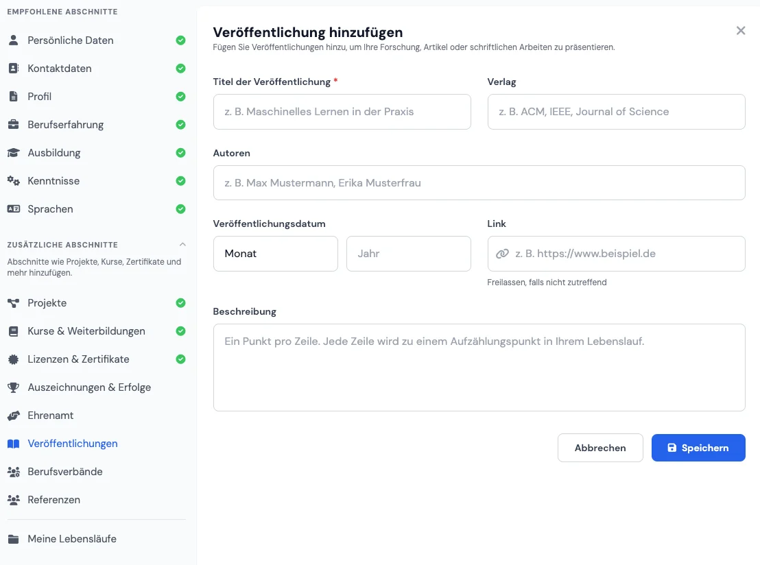 Veröffentlichungs-Sektion im Lebenslauf für akademische Profile