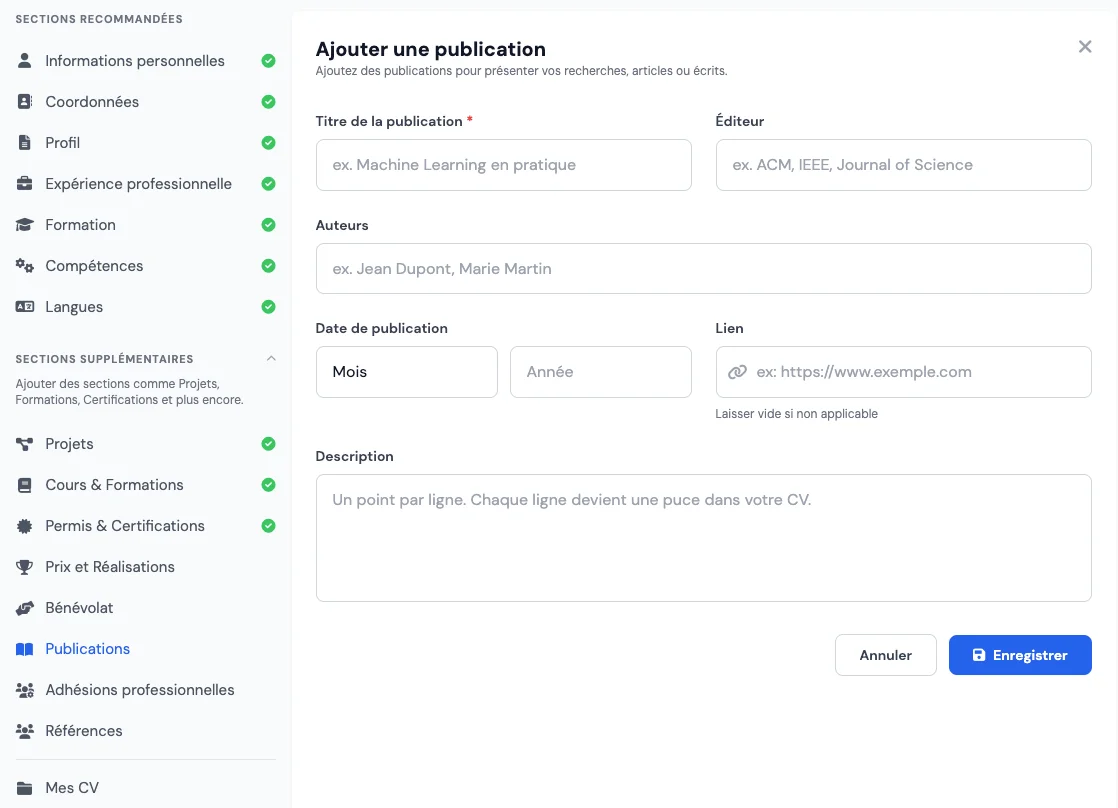 Rubrique publications dans un logiciel de CV pour profils académiques