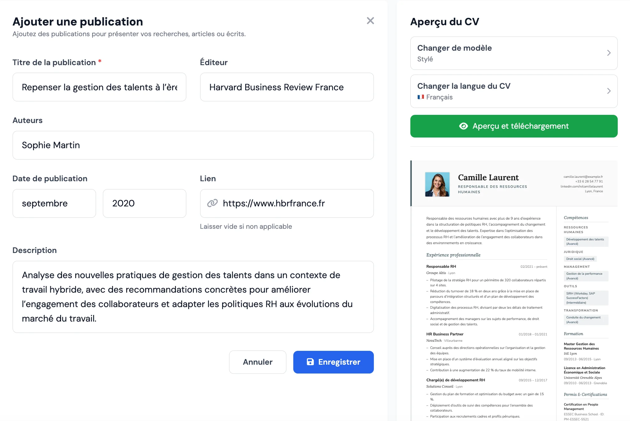 Rubrique publications dans le CV académique sur MojCV