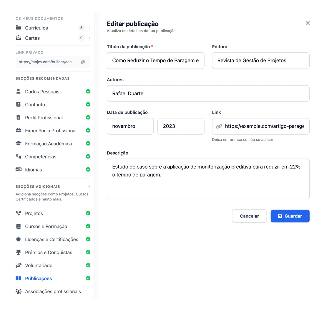 A secção Publicações em CV académicos e de investigação