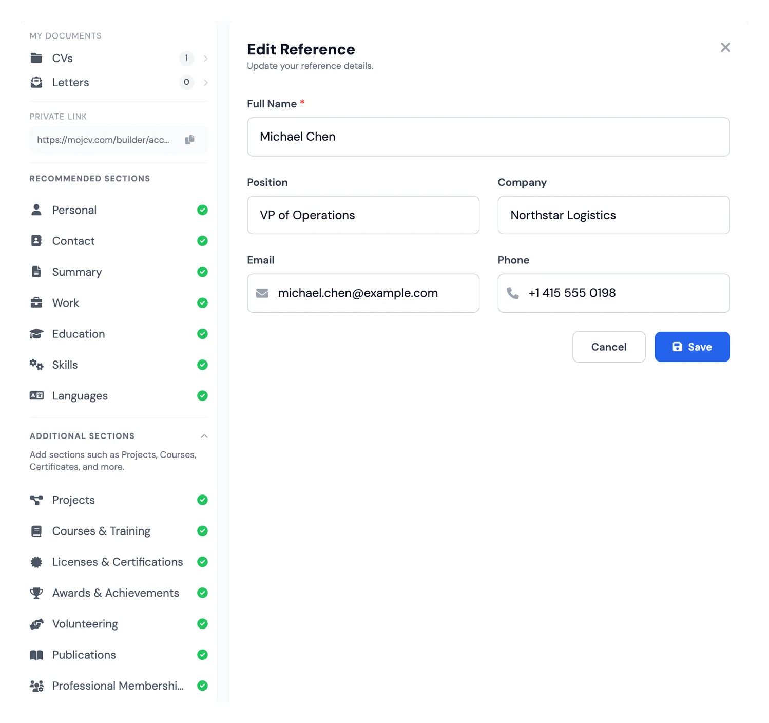 References section in an online resume builder