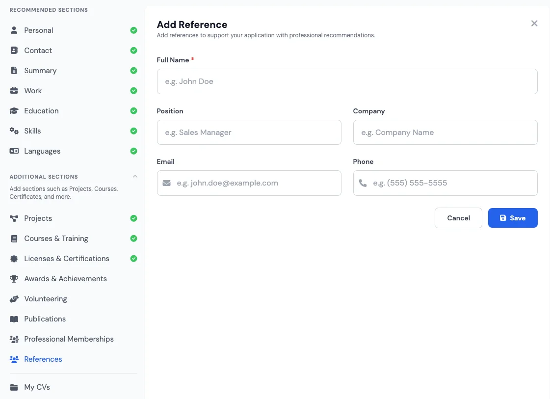 References section in an online resume builder