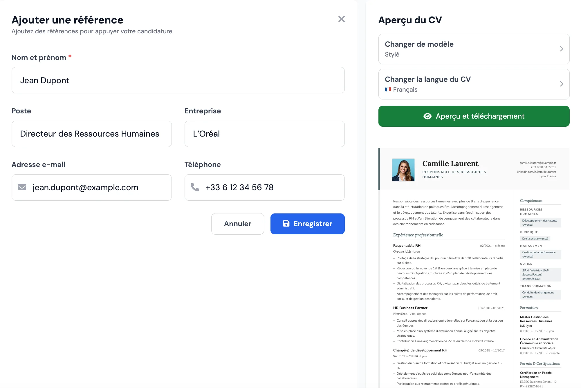 Rubrique références dans le CV sur MojCV