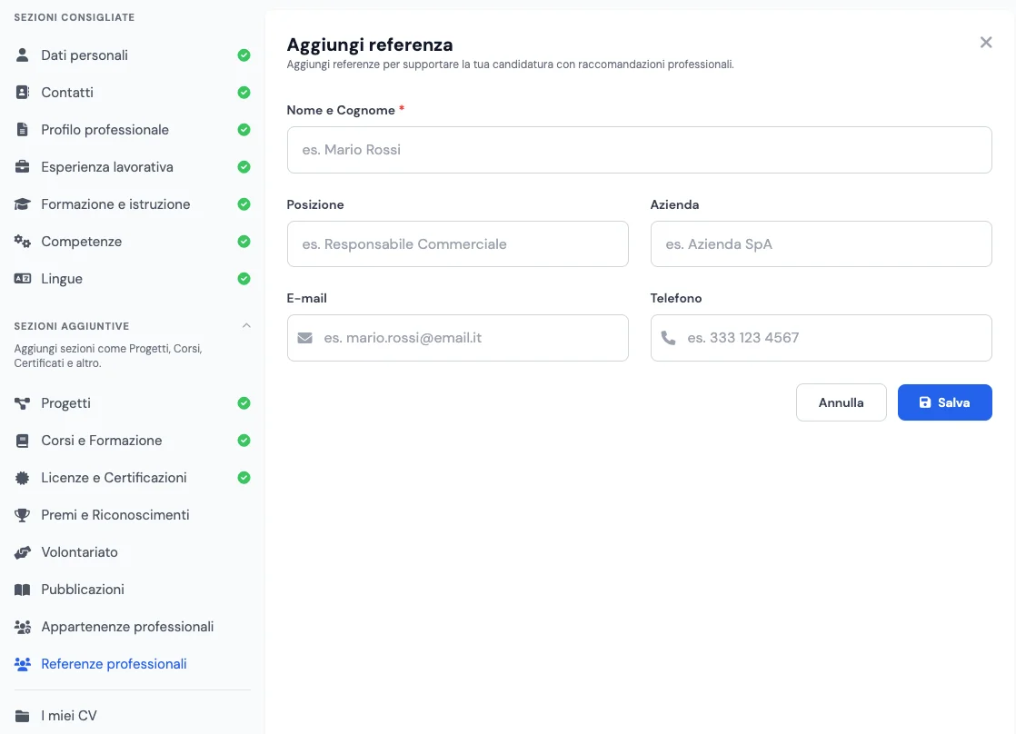 Sezione Referenze professionali nel creatore di curriculum online