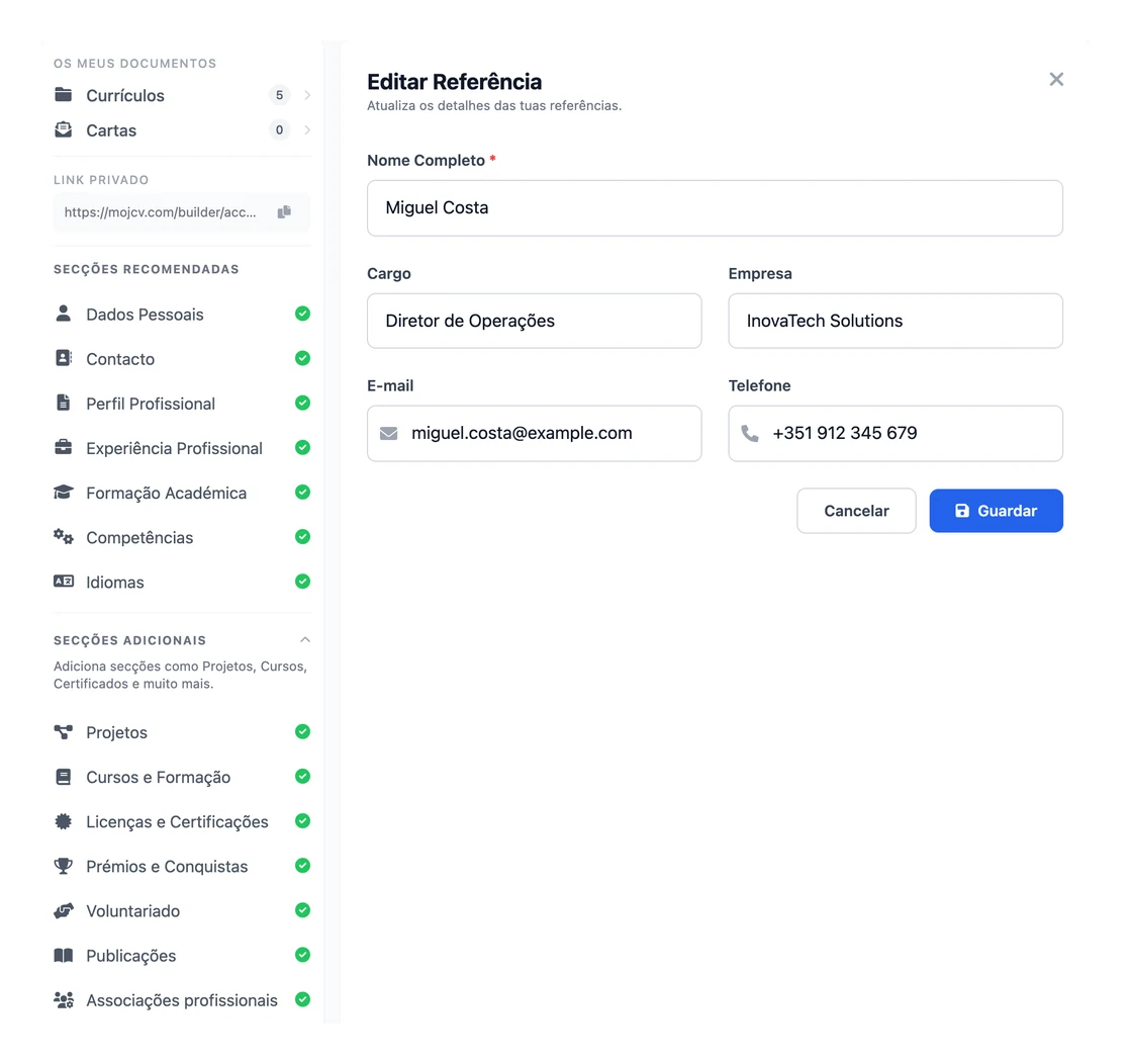 A secção Referências no criador de CV online