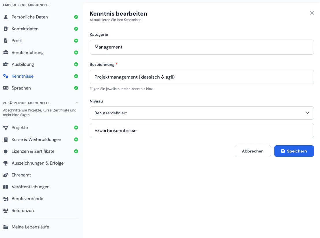 ATS-optimierte Kenntnisse-Sektion im Online-Lebenslauf-Editor