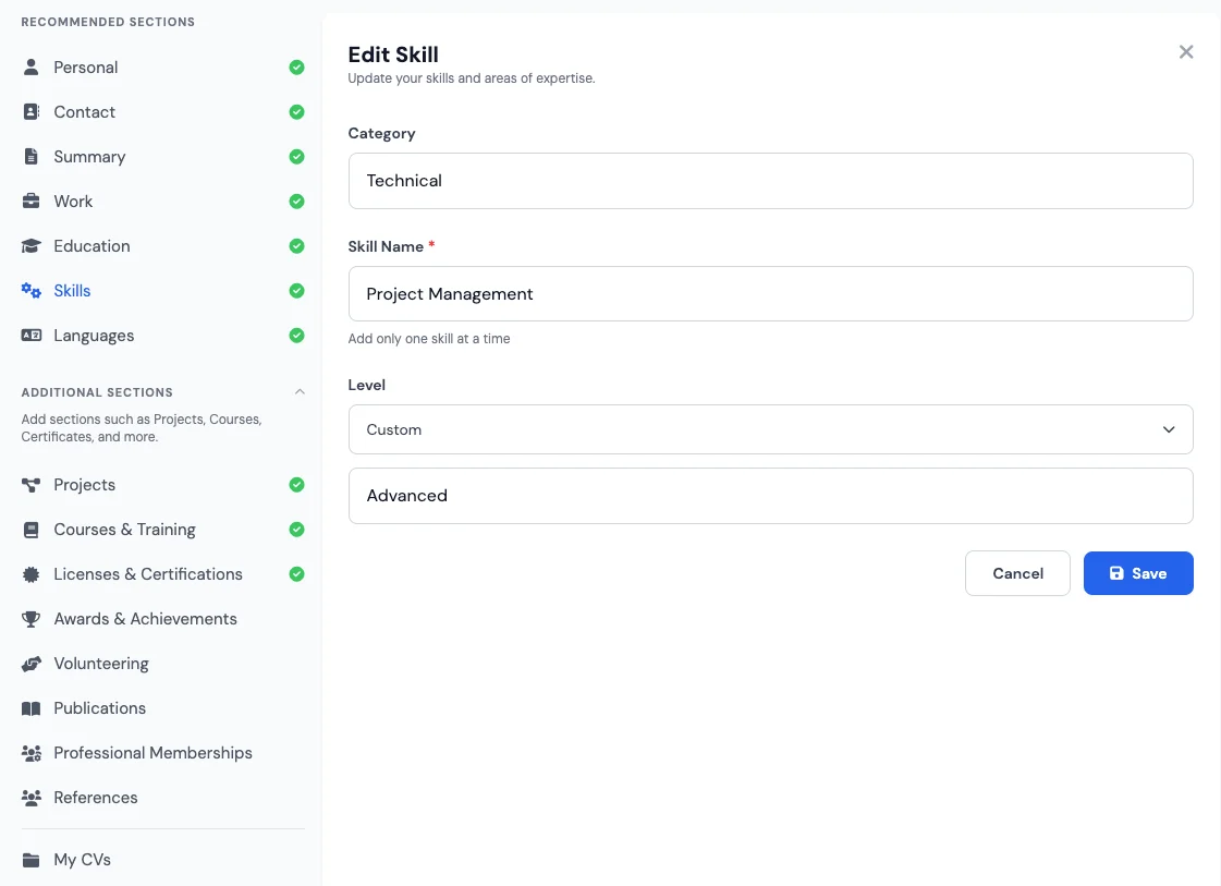 Skills section optimised for ATS in an online resume builder