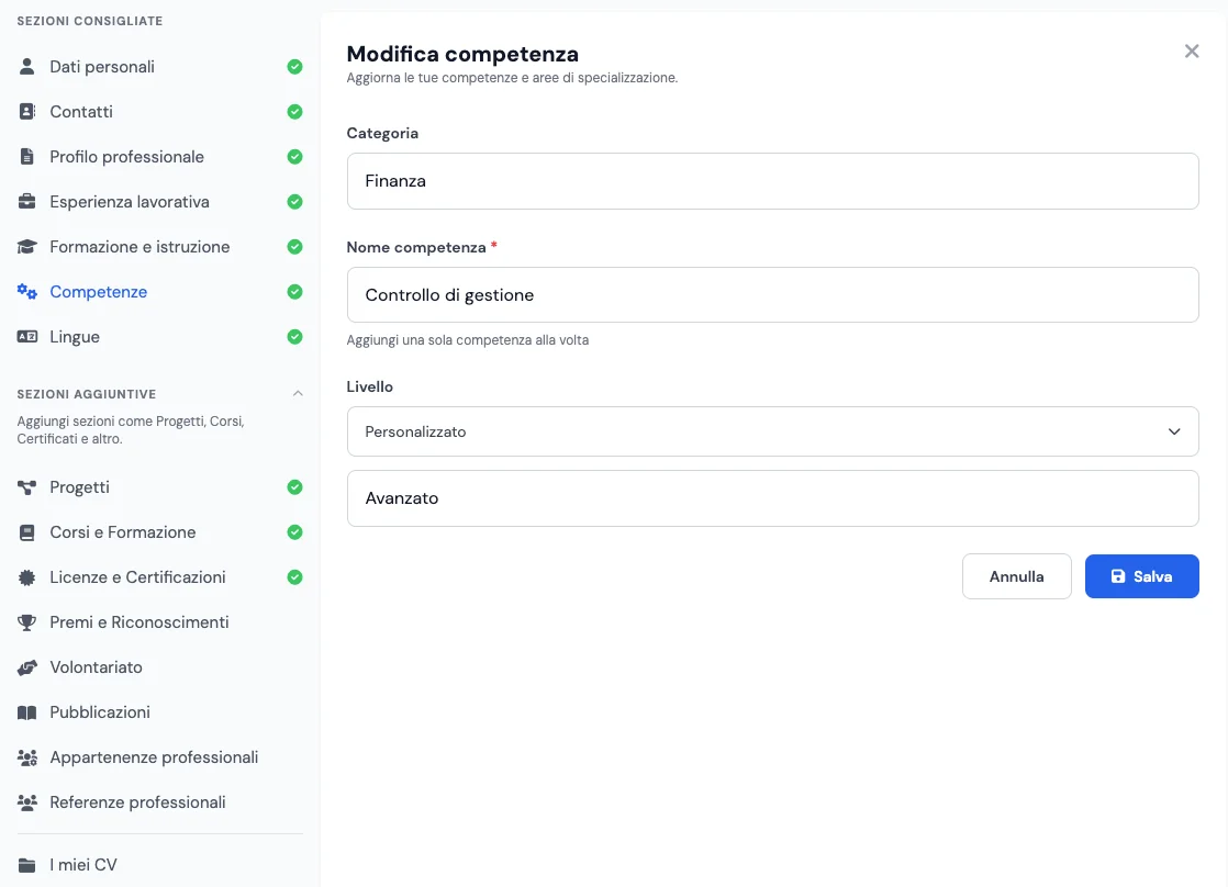 Sezione competenze ottimizzata per ATS nel creatore di curriculum online