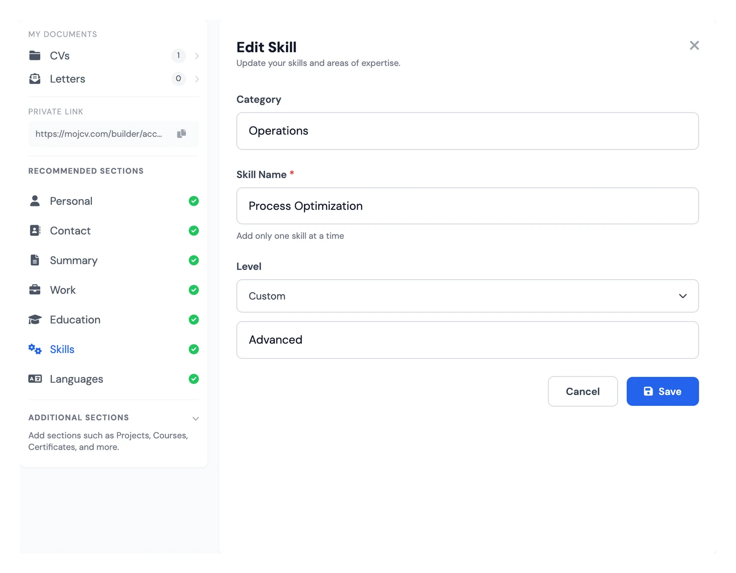 Skills section optimised for ATS in an online resume builder