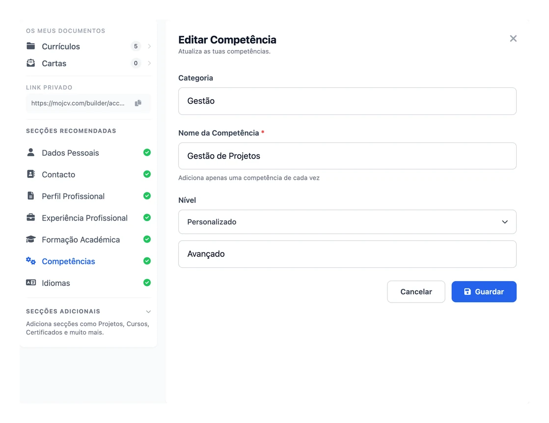 A secção Competências otimizada para ATS no criador de CV online