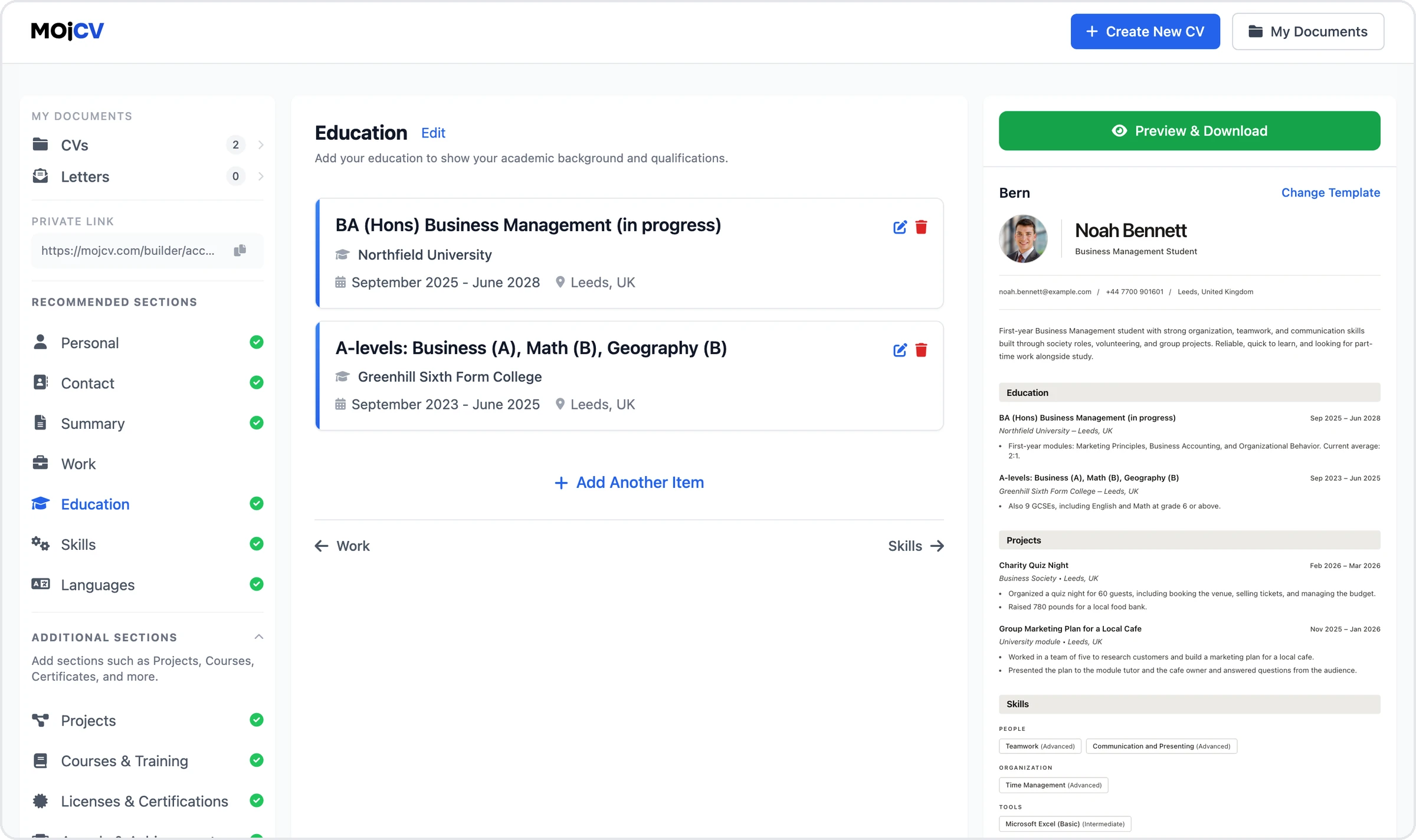 The Education step in the MojCV builder for a student CV, with a university degree and A-levels next to the live preview