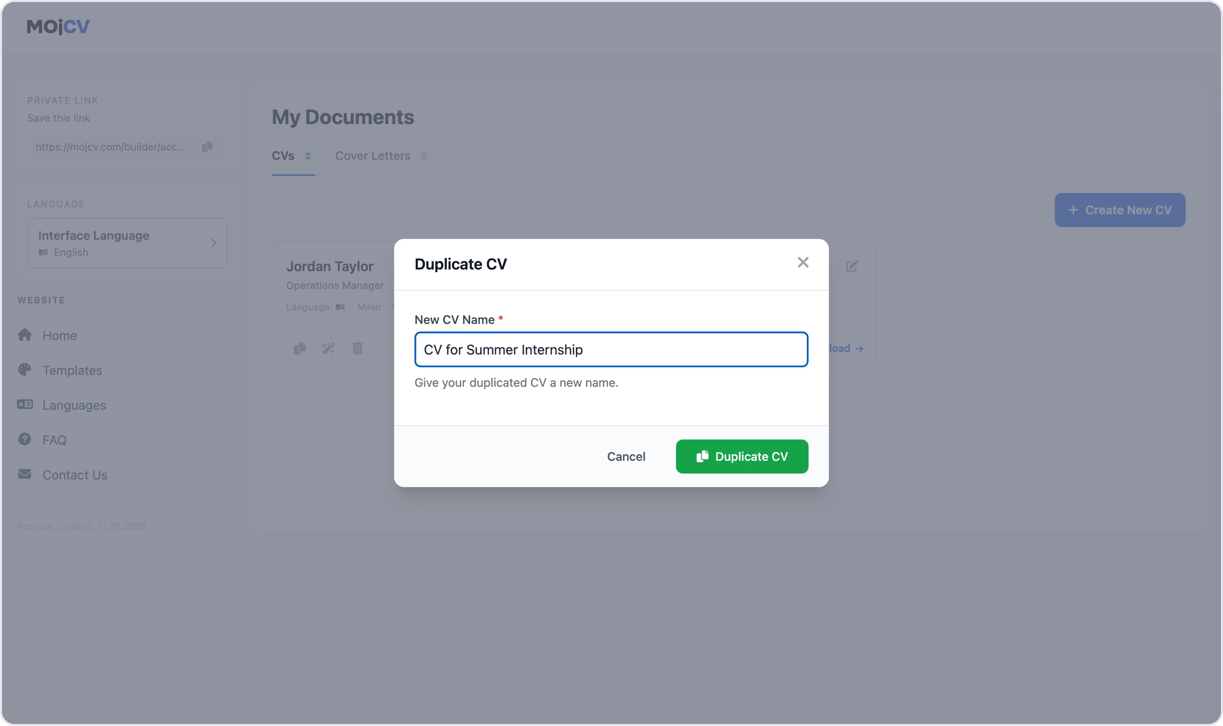 The Duplicate CV dialog in MojCV with the new name CV for Summer Internship typed in
