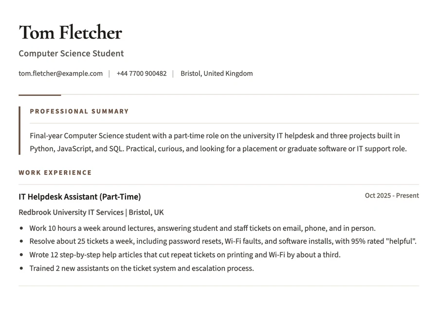 Sample computer science student CV with a helpdesk job and software projects