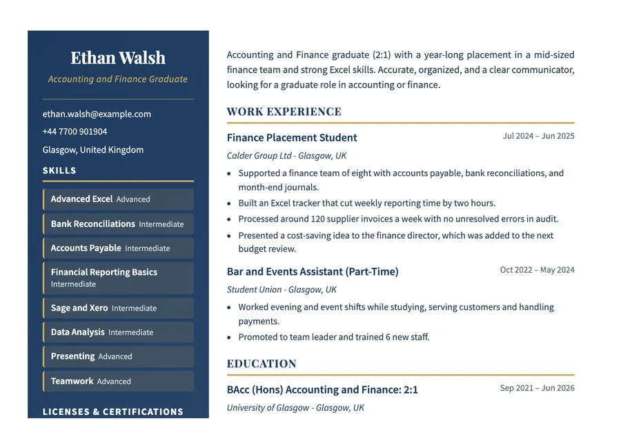 Sample graduate CV with a degree, placement year and first graduate role