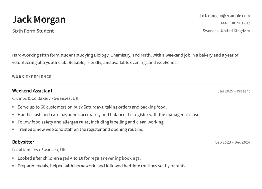 Sample high school student CV with a part-time job and babysitting
