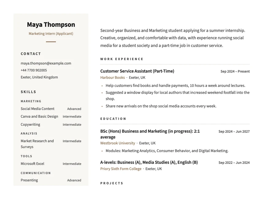 Sample internship CV for a marketing intern with campaign project