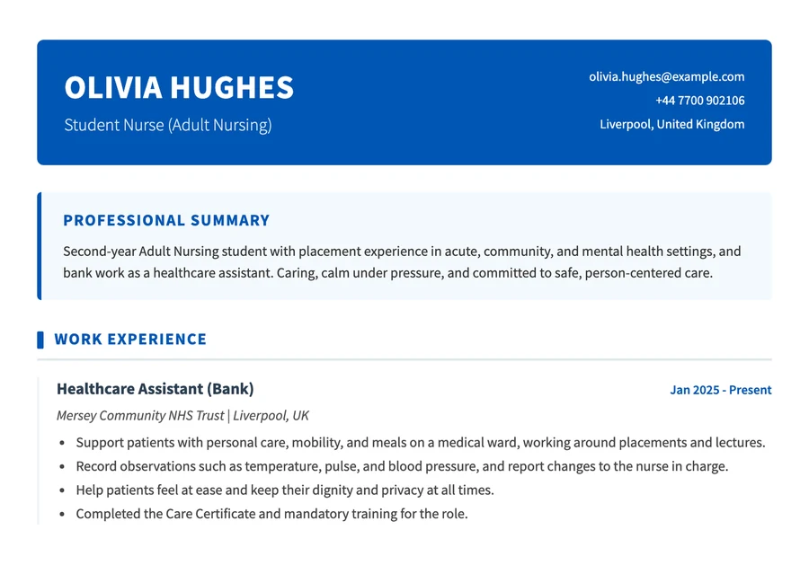 Sample nursing student CV with placements and healthcare work