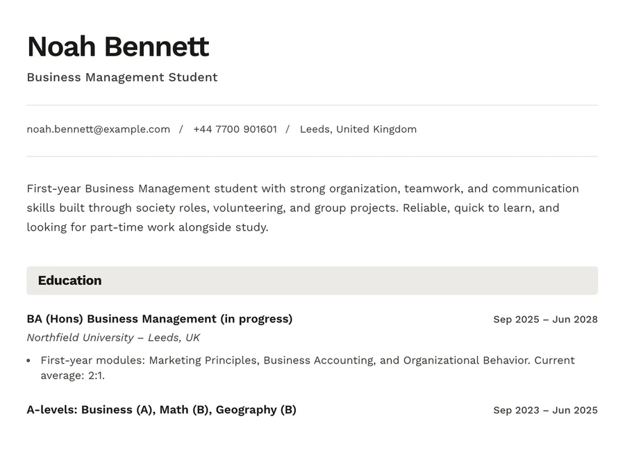 Sample student CV with no work experience: education, projects and volunteering