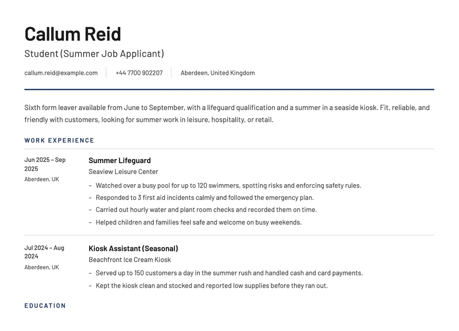 Sample summer job CV with a lifeguard qualification and seasonal work