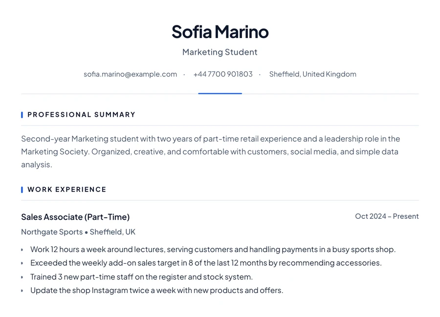 Sample university student CV with a part-time shop job and society role