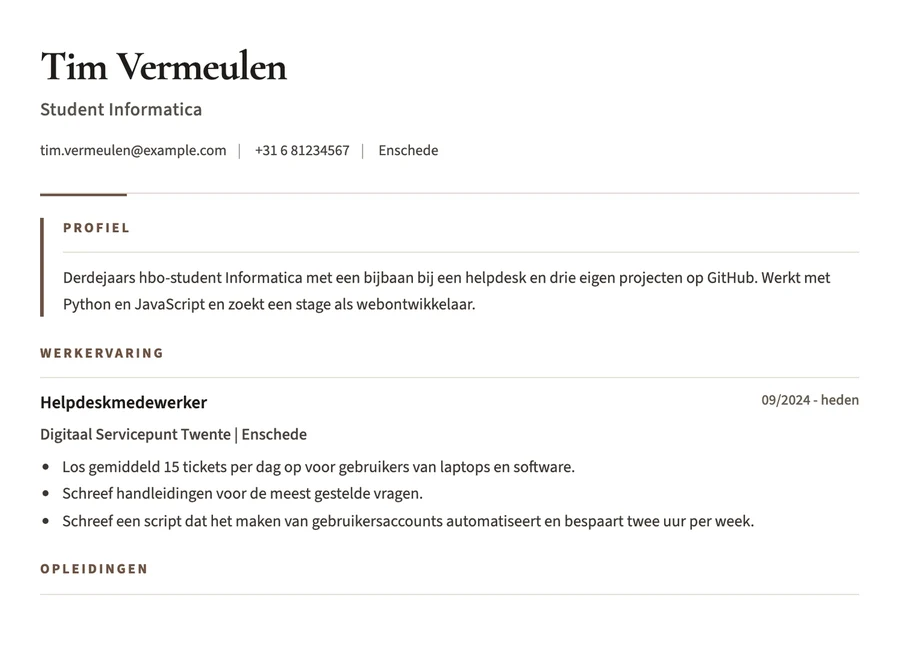 Voorbeeld van een cv van een student informatica met een bijbaan bij een helpdesk en eigen projecten