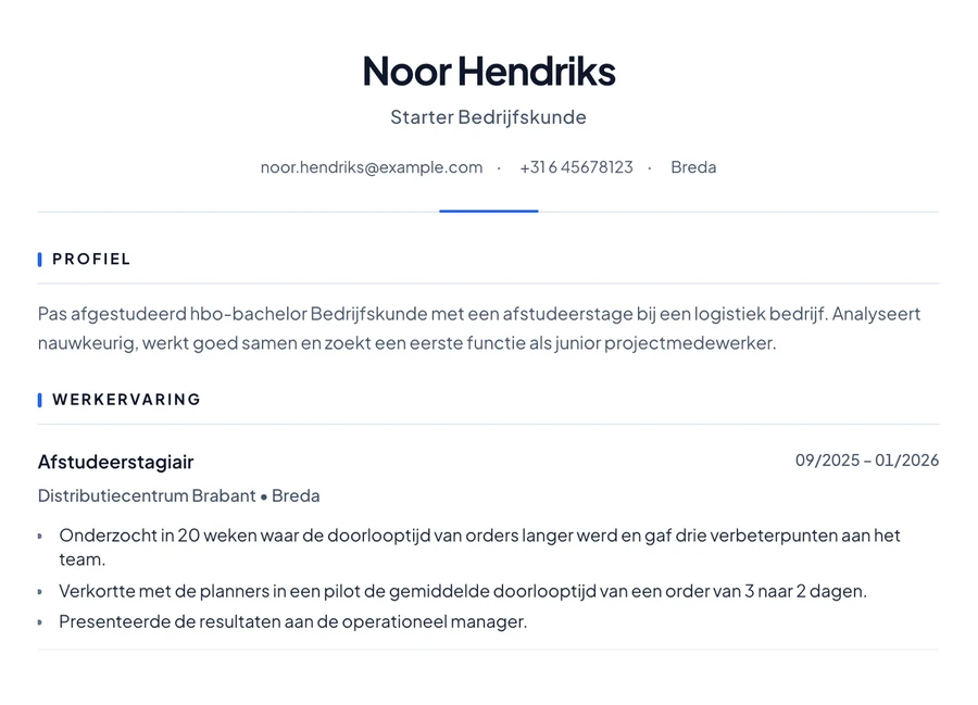 Voorbeeld van een cv van een pas afgestudeerde hbo-bachelor met een afstudeerstage