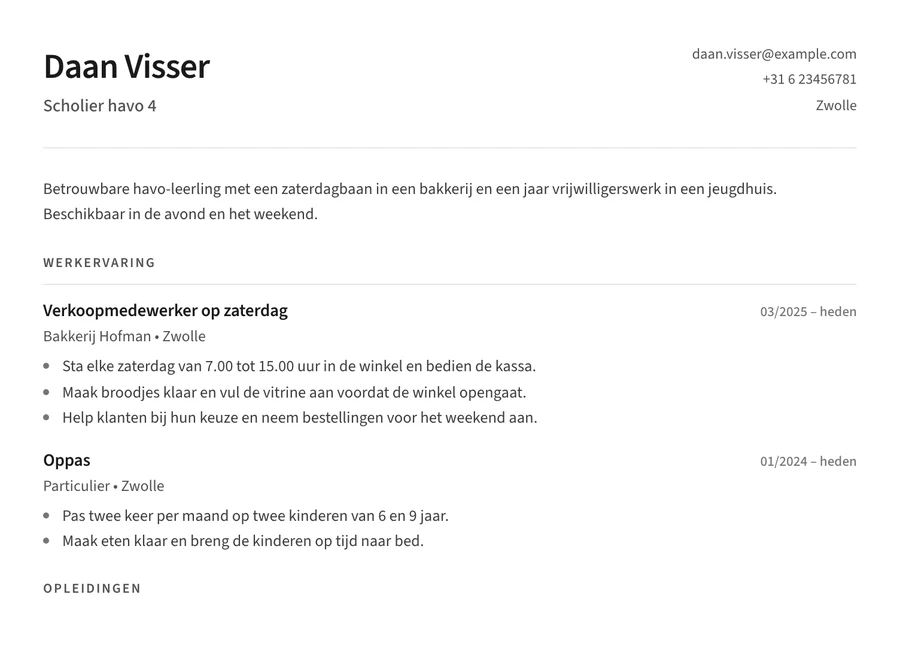 Voorbeeld van een cv van een havo-leerling met een zaterdagbaan in een bakkerij en oppaswerk