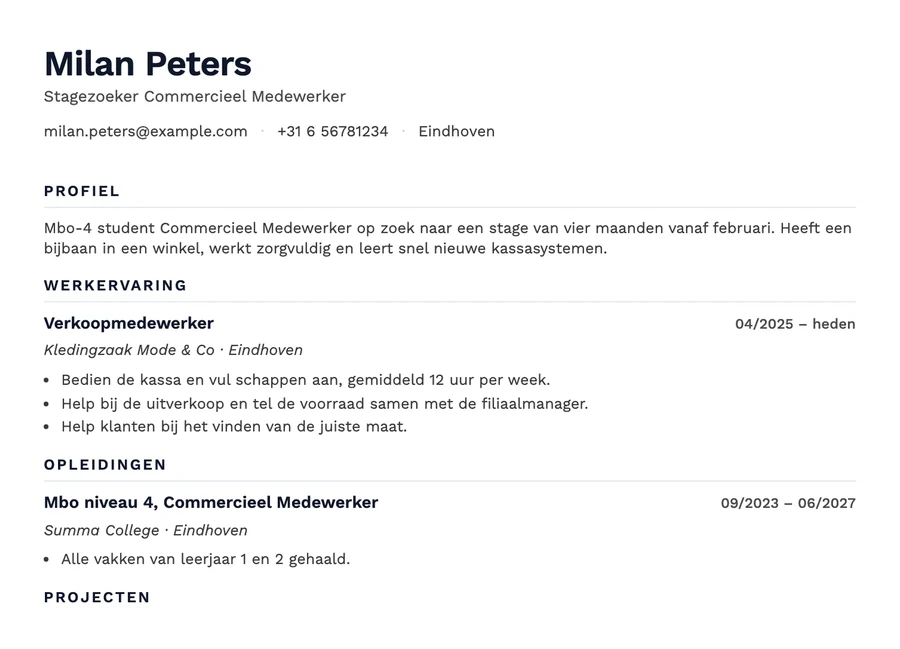 Voorbeeld van een cv van een mbo-student die een stage zoekt, met een bijbaan in een kledingzaak