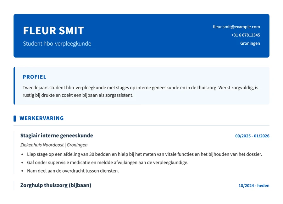 Voorbeeld van een cv van een student hbo-verpleegkunde met stages en een bijbaan in de zorg