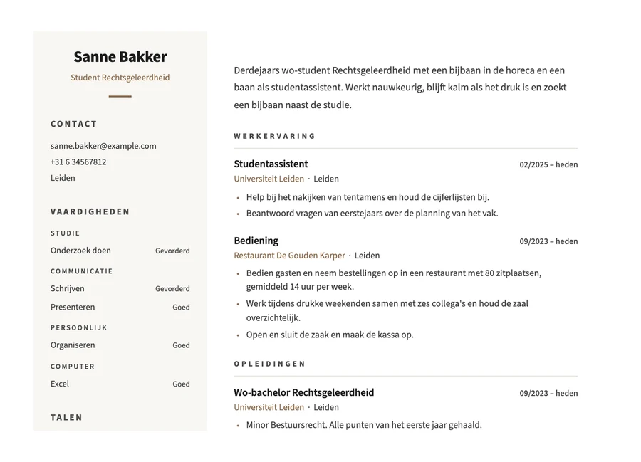 Voorbeeld van een cv van een wo-student met een bijbaan in de horeca en een baan als studentassistent