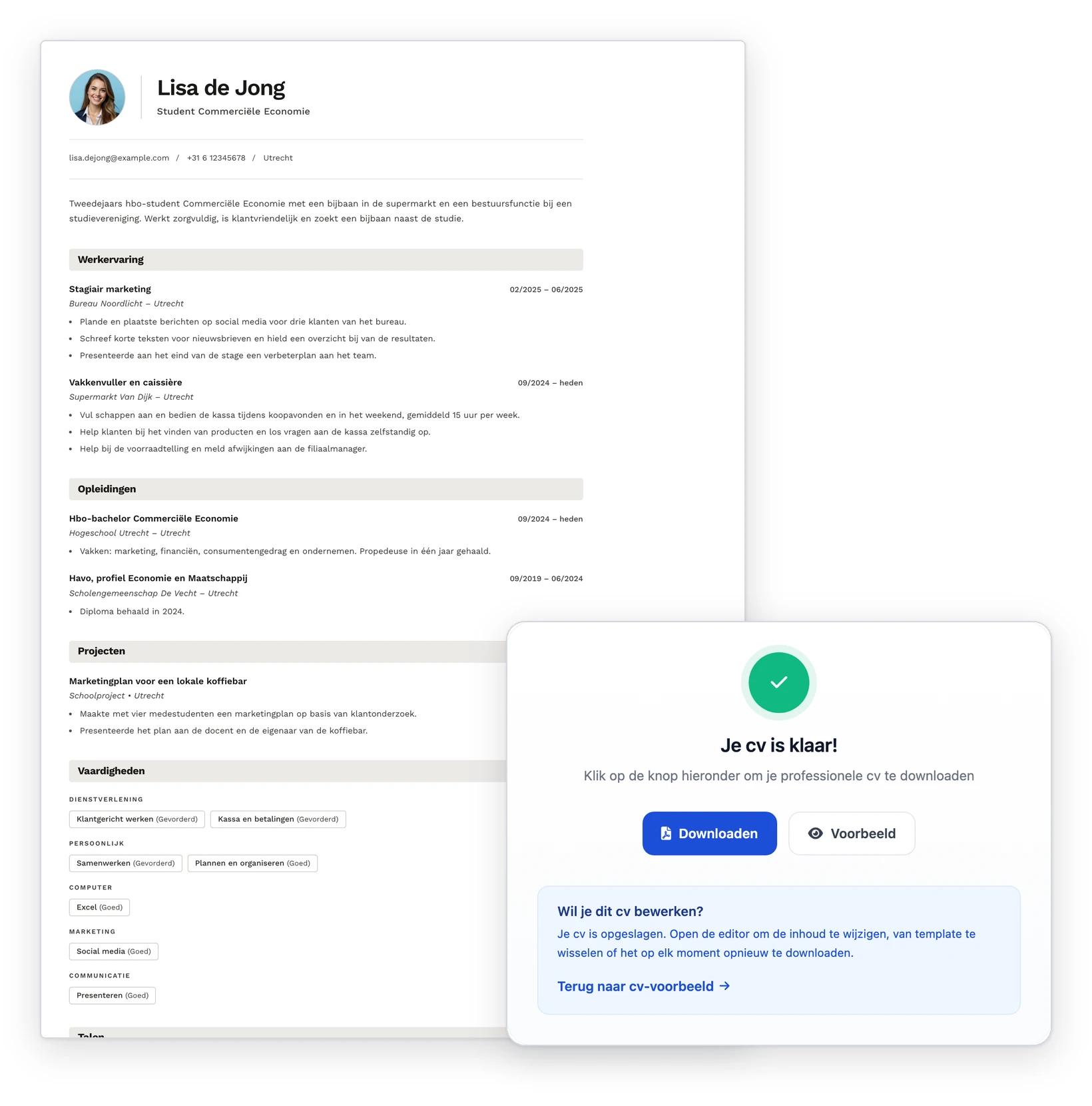 Een studentencv met pasfoto en daaroverheen het downloadscherm van MojCV: Je cv is klaar, met de knoppen Downloaden en Voorbeeld