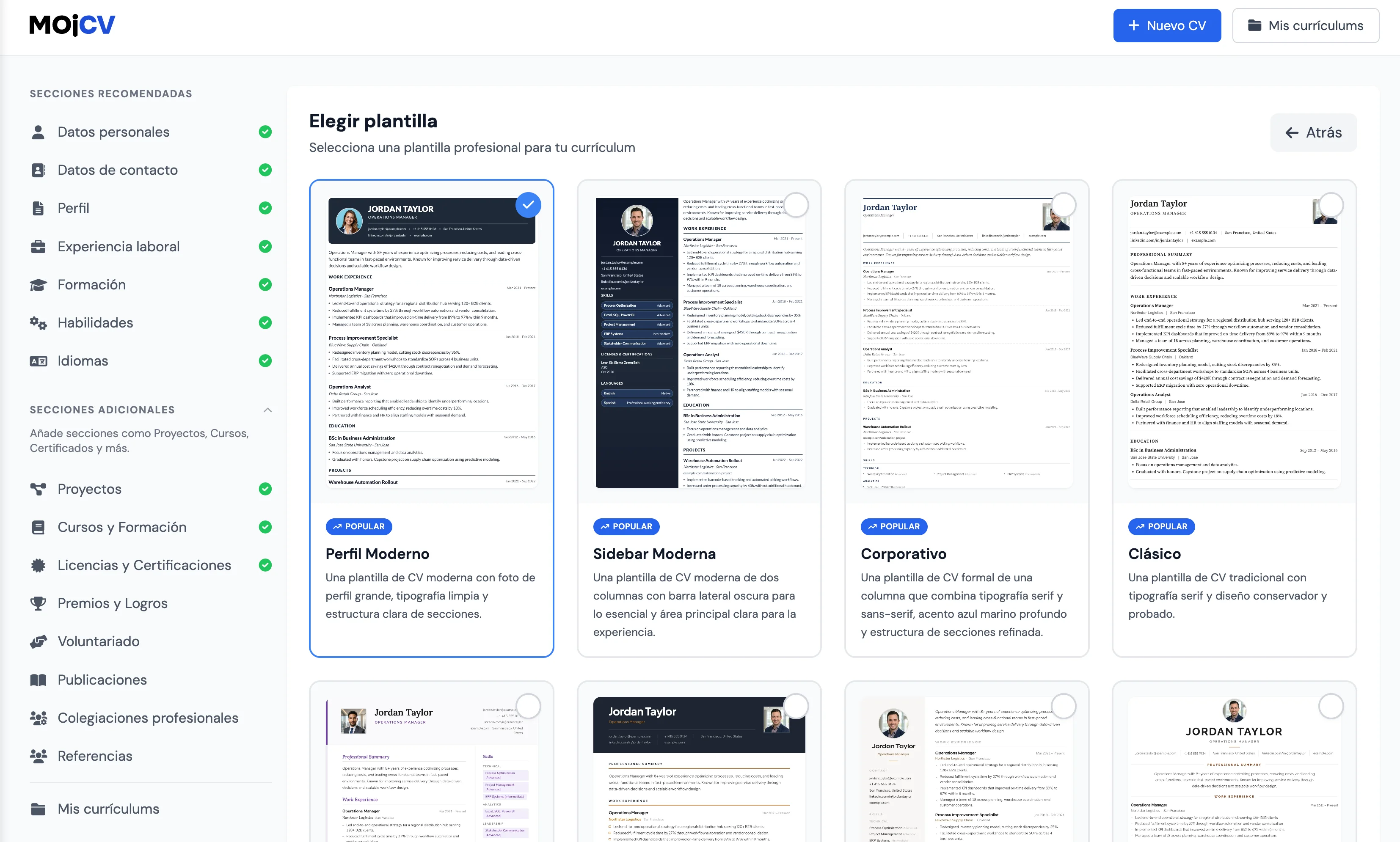 Selección de una plantilla de currículum profesional y compatible con ATS en MojCV