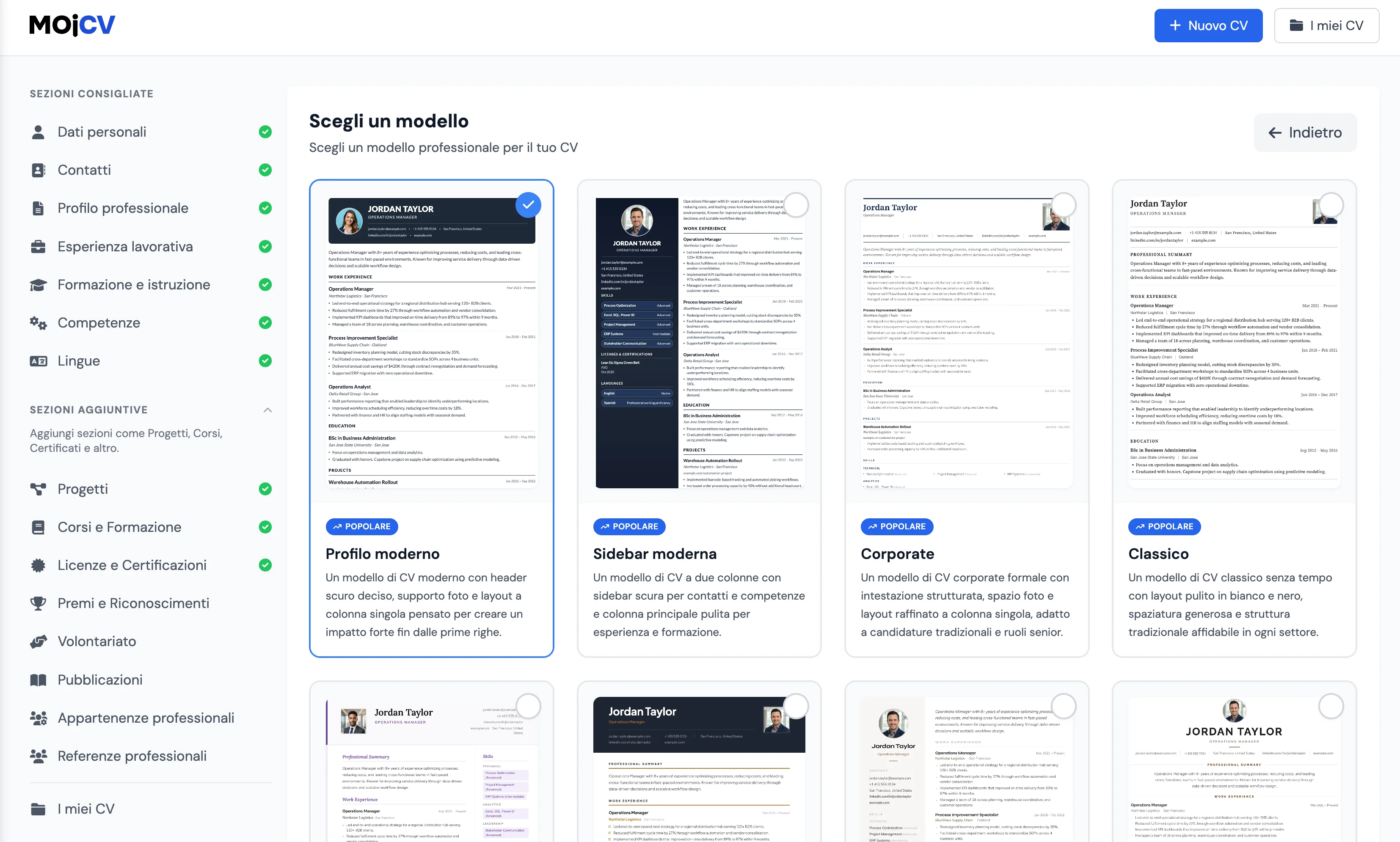 Selezione di un modello di CV professionale e compatibile con ATS su MojCV