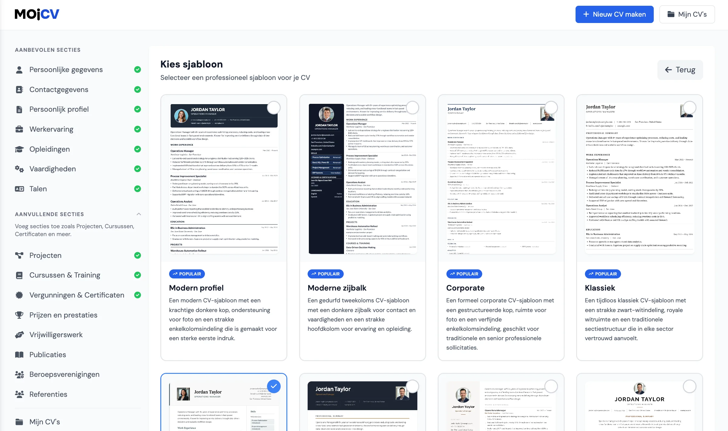 Een professioneel ATS-vriendelijk cv-sjabloon selecteren in MojCV