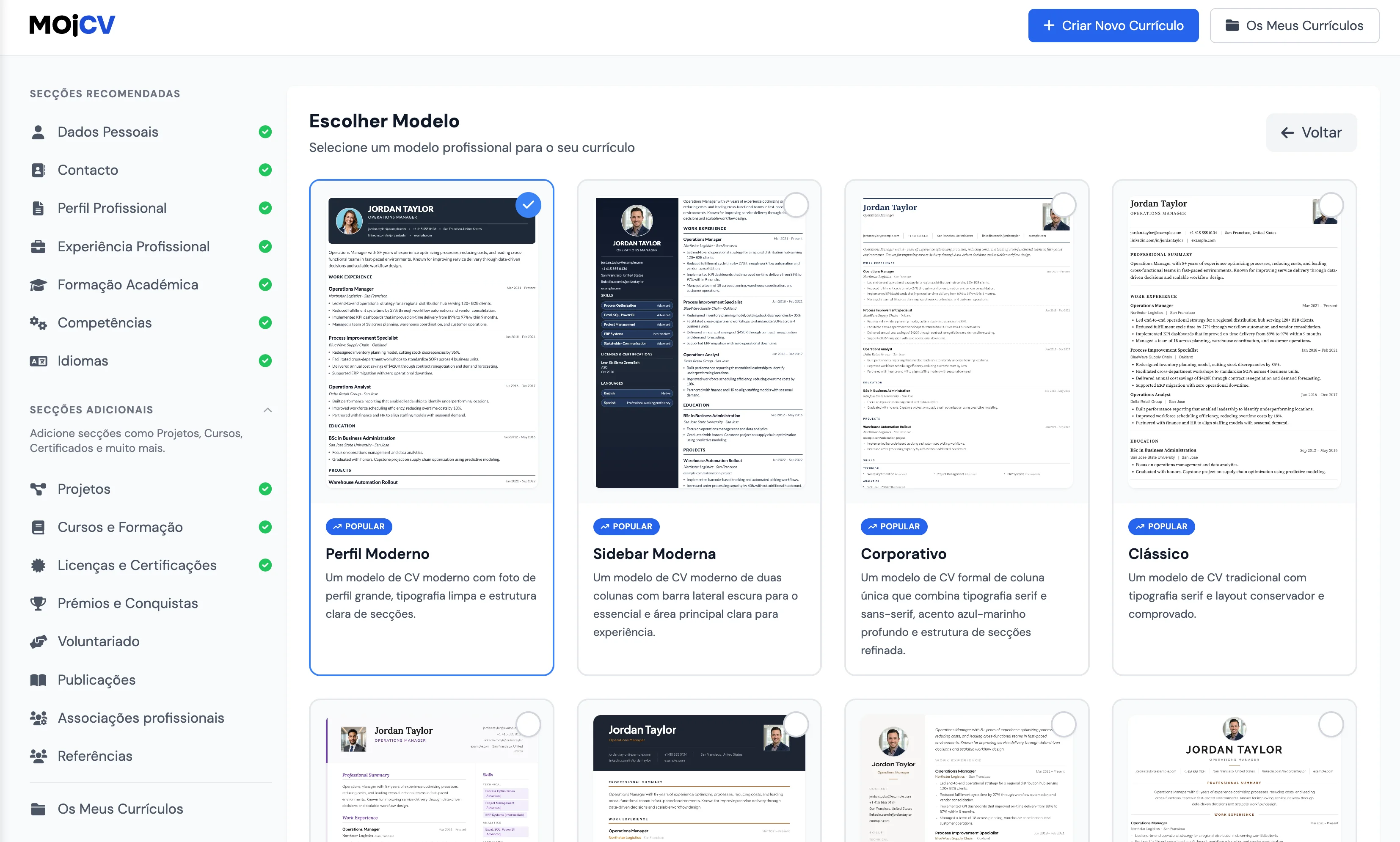 Seleção de um modelo de CV profissional e compatível com ATS no MojCV