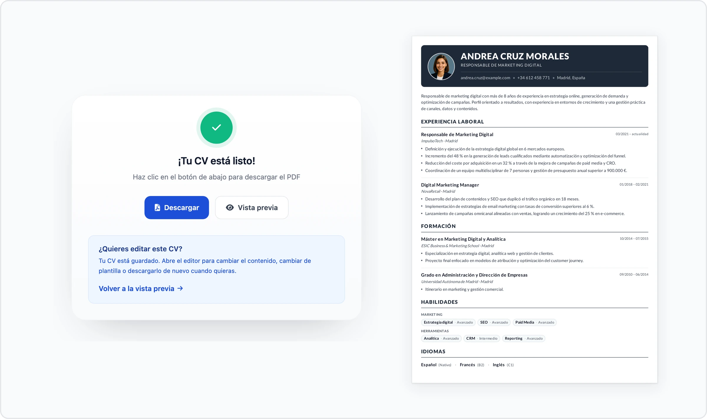La pantalla ¡Tu CV está listo! de MojCV con el botón Descargar, junto a la primera página del PDF descargado de Andrea Cruz Morales, Responsable de Marketing Digital, sin marca de agua