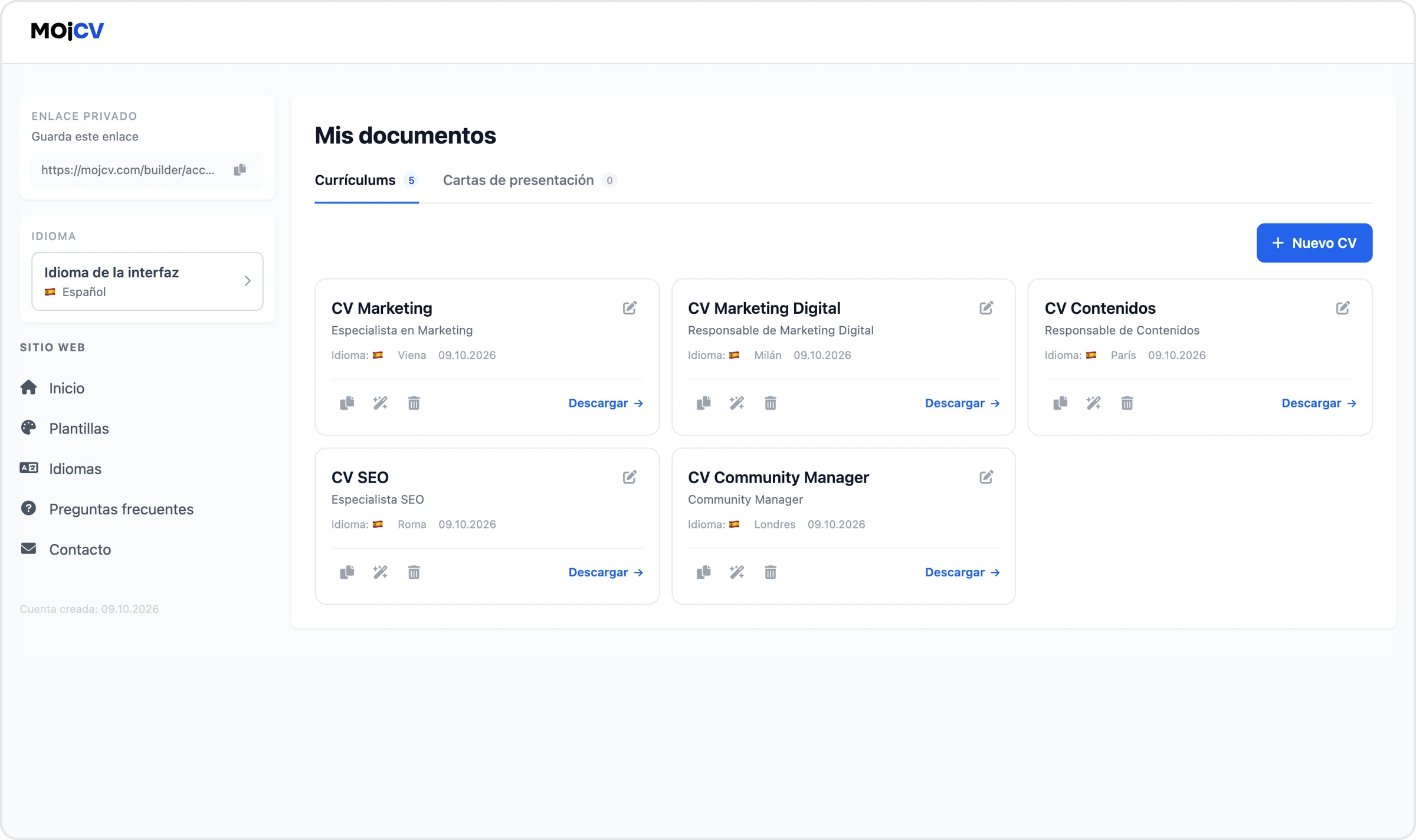 La página Mis documentos de MojCV con cinco currículums para distintos puestos bajo un mismo enlace privado