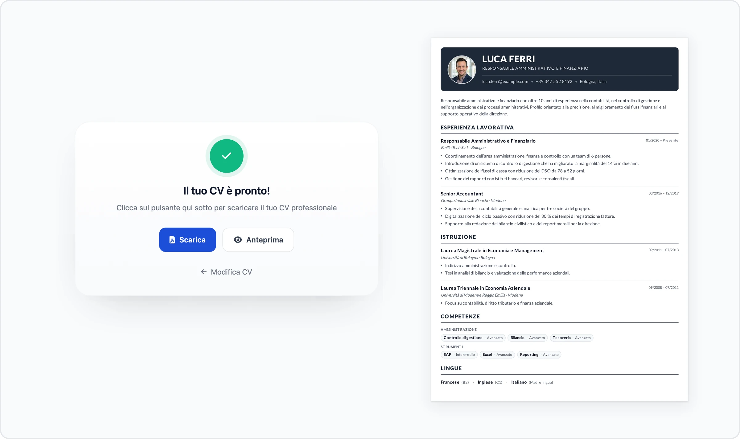 La schermata Il tuo CV è pronto di MojCV con il pulsante Scarica, accanto alla prima pagina del PDF scaricato, senza filigrana