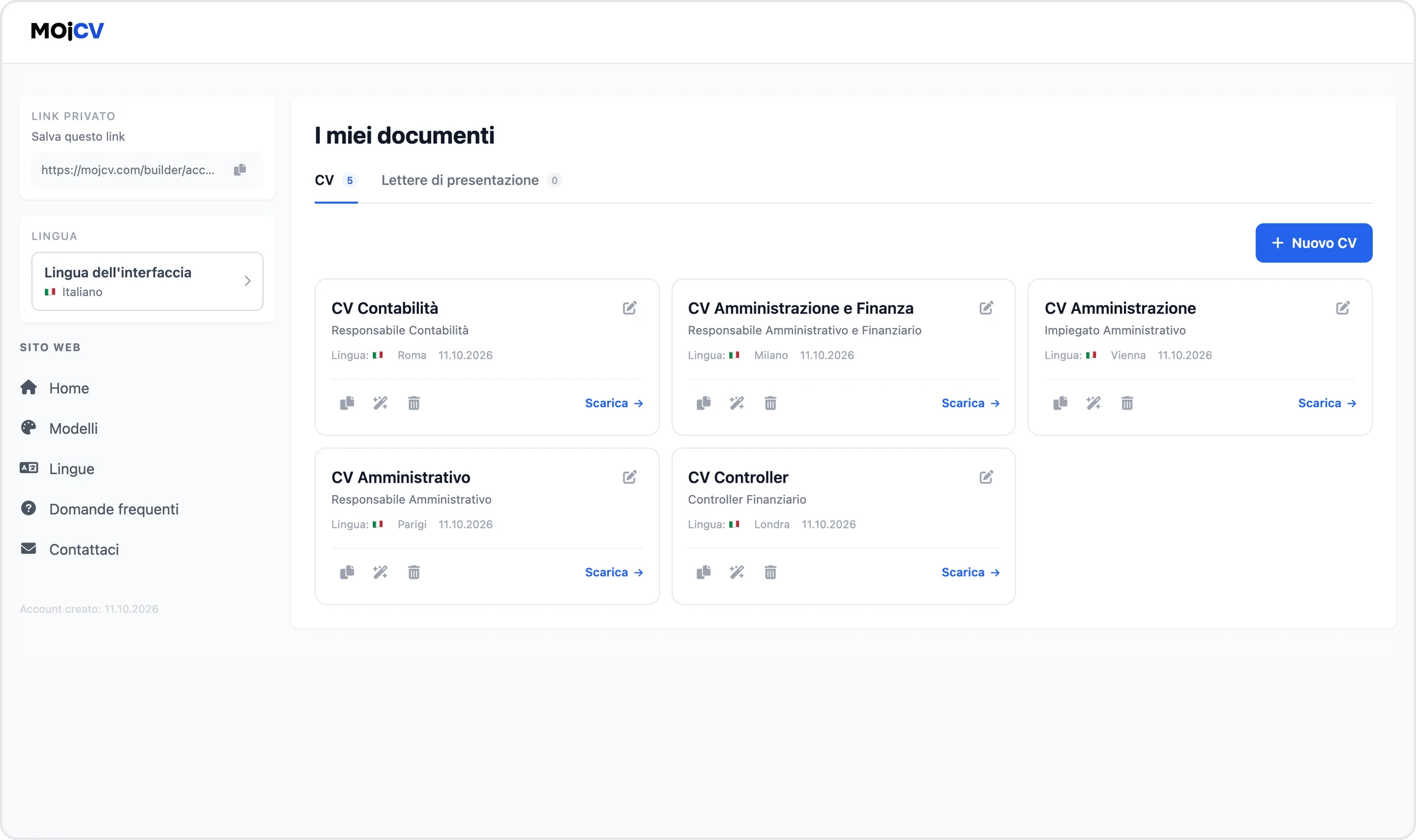 La pagina I miei documenti di MojCV con cinque curriculum per ruoli diversi sotto lo stesso link privato