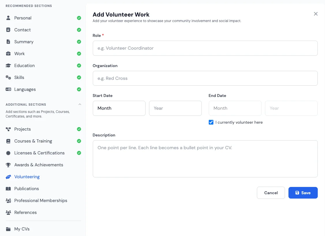 Volunteering section in a free CV and resume builder