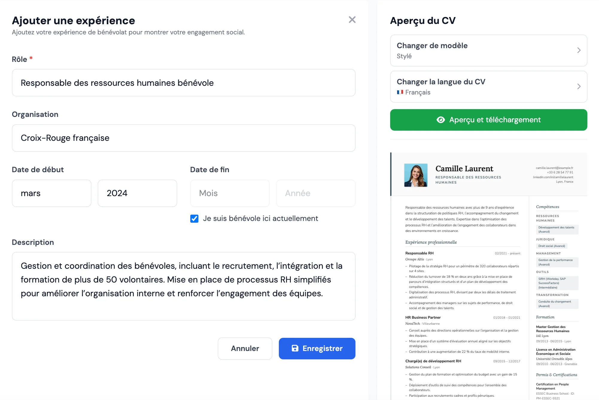 Rubrique bénévolat dans le CV sur MojCV