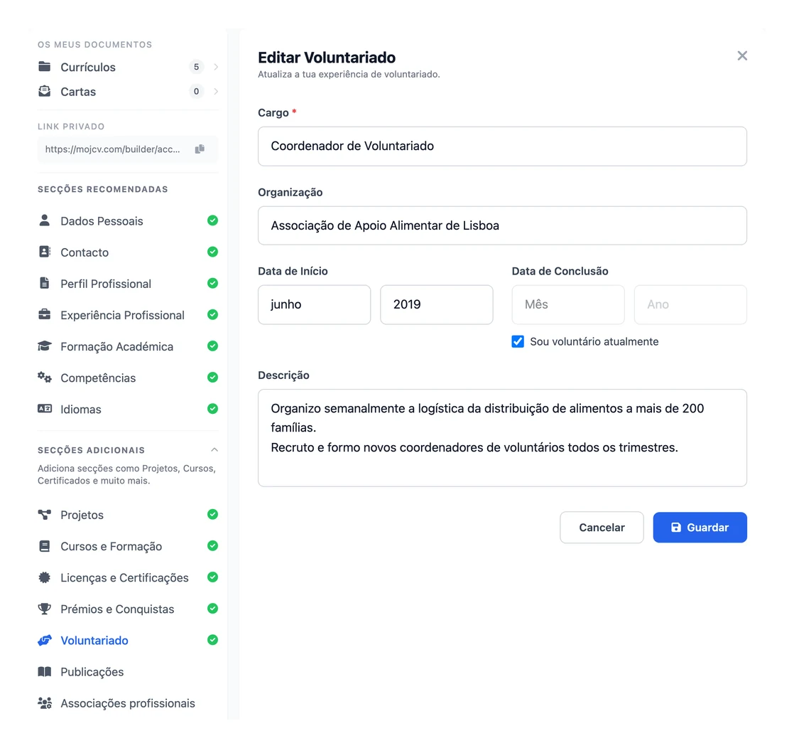 A secção Voluntariado no criador de CV grátis