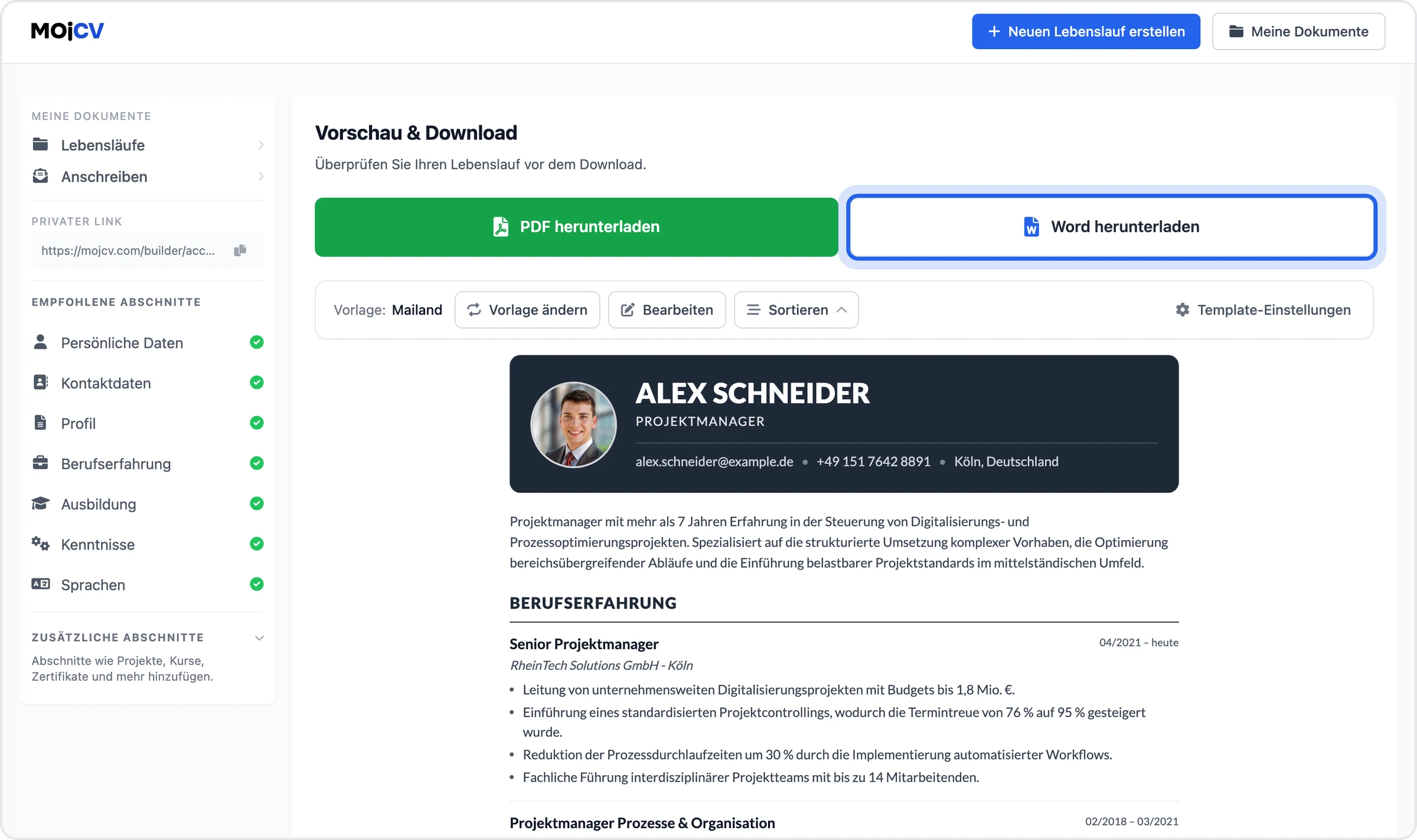 Die Seite „Vorschau & Download“ in MojCV mit den Schaltflächen „PDF herunterladen“ und „Word herunterladen“