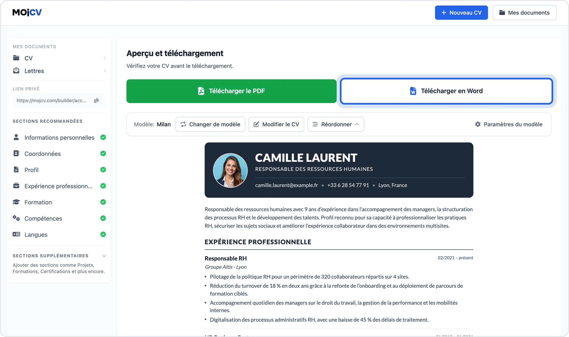 La page « Aperçu et téléchargement » de MojCV avec les boutons « Télécharger le PDF » et « Télécharger en Word »