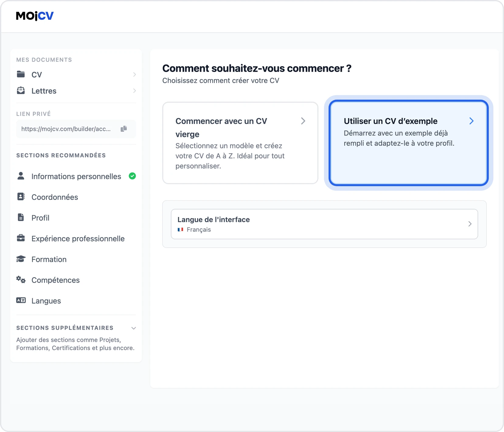 L'écran de départ de MojCV avec les cartes « Commencer avec un CV vierge » et « Utiliser un CV d'exemple »