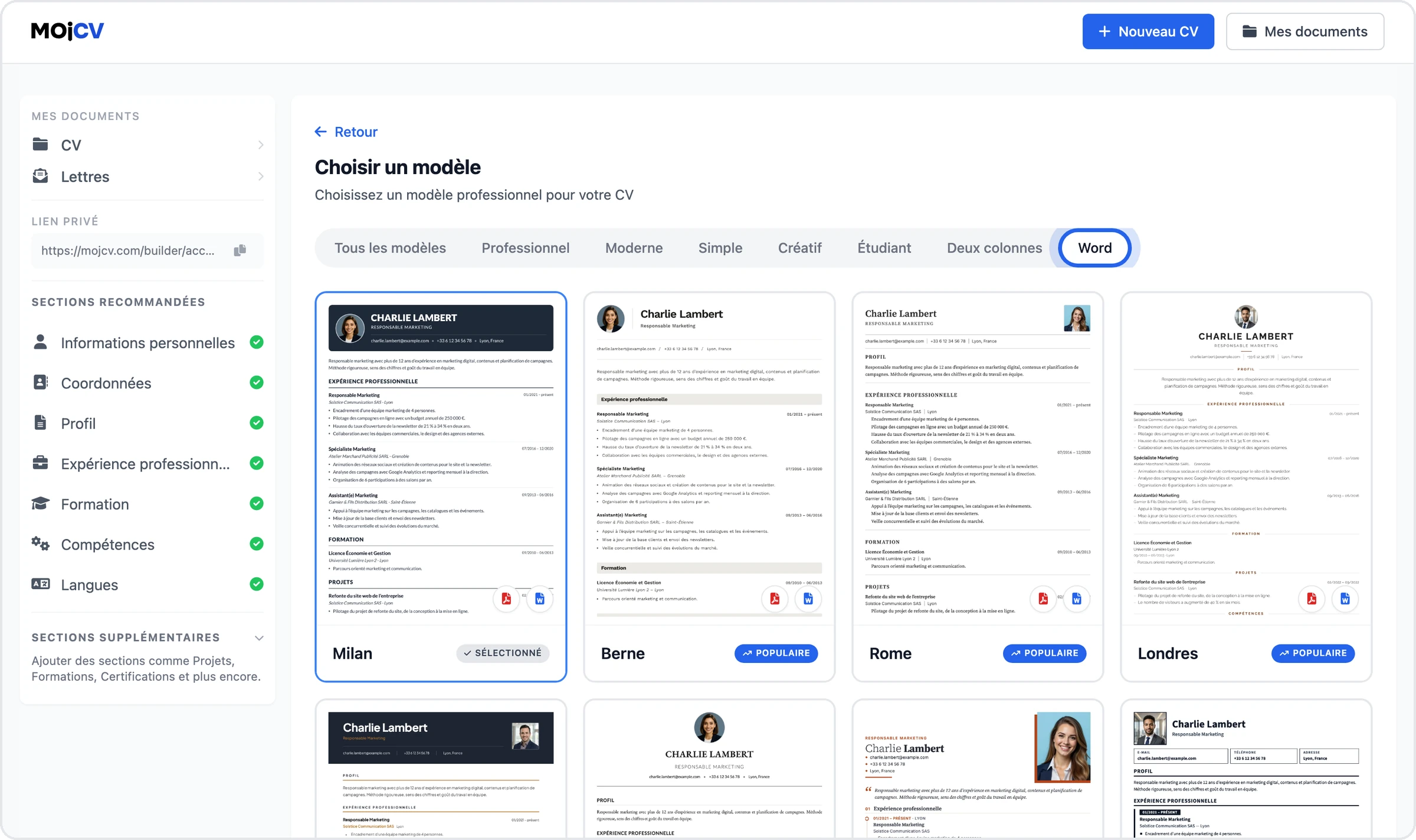 Le choix du modèle dans MojCV avec l'onglet « Word » et les modèles disponibles en fichier Word