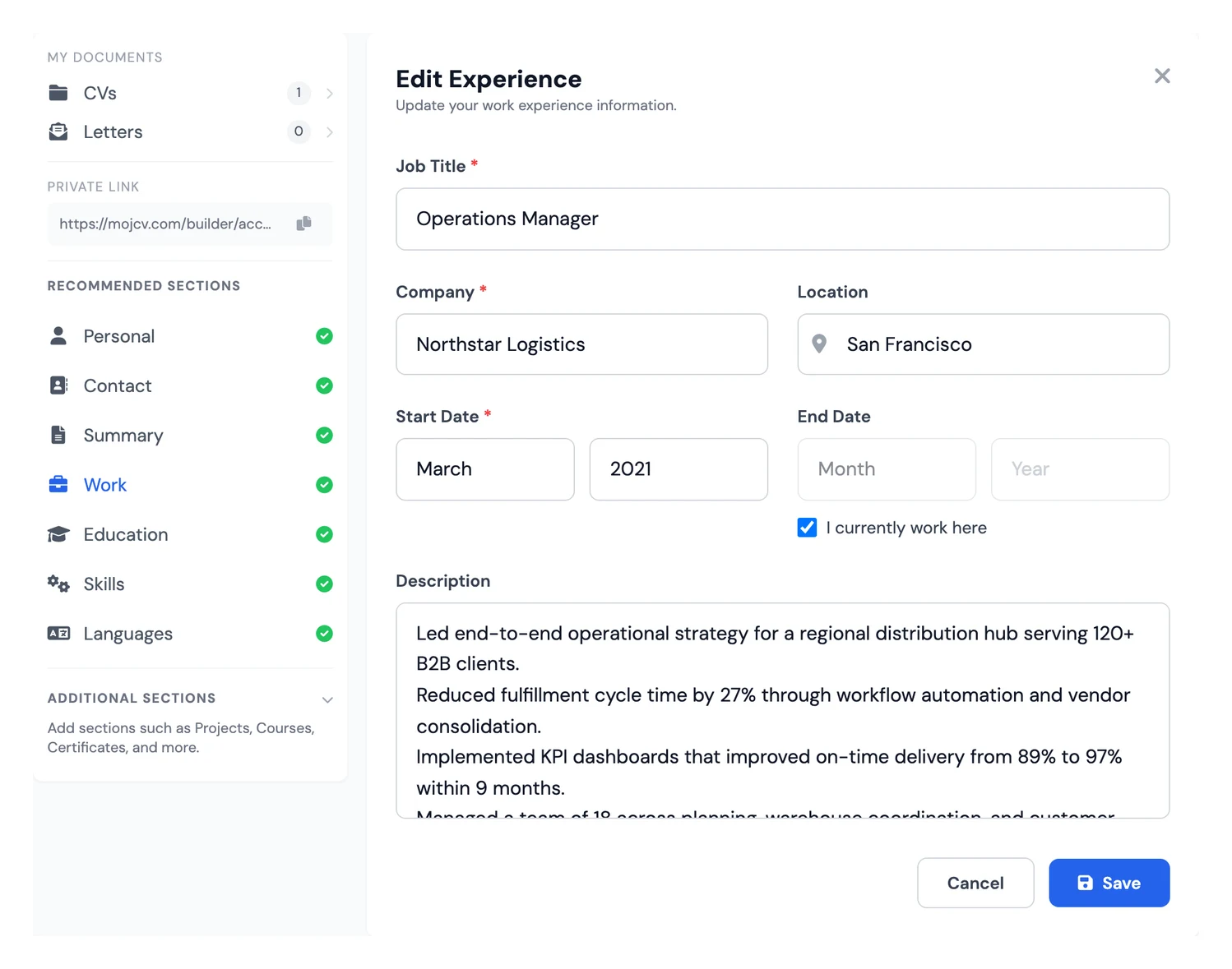 Work experience section in an online resume builder