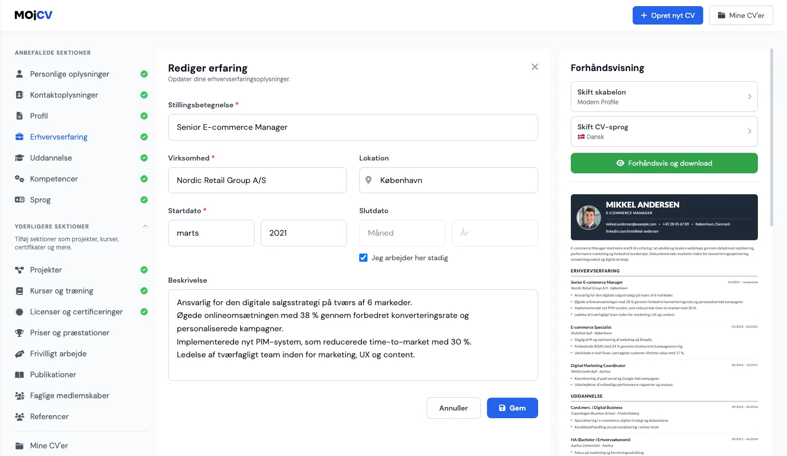 Udfyldning af arbejdserfaring og færdigheder i MojCV CV-byggeren