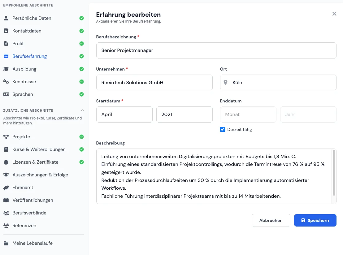 Sektion Berufserfahrung im kostenlosen Online-Lebenslauf-Editor